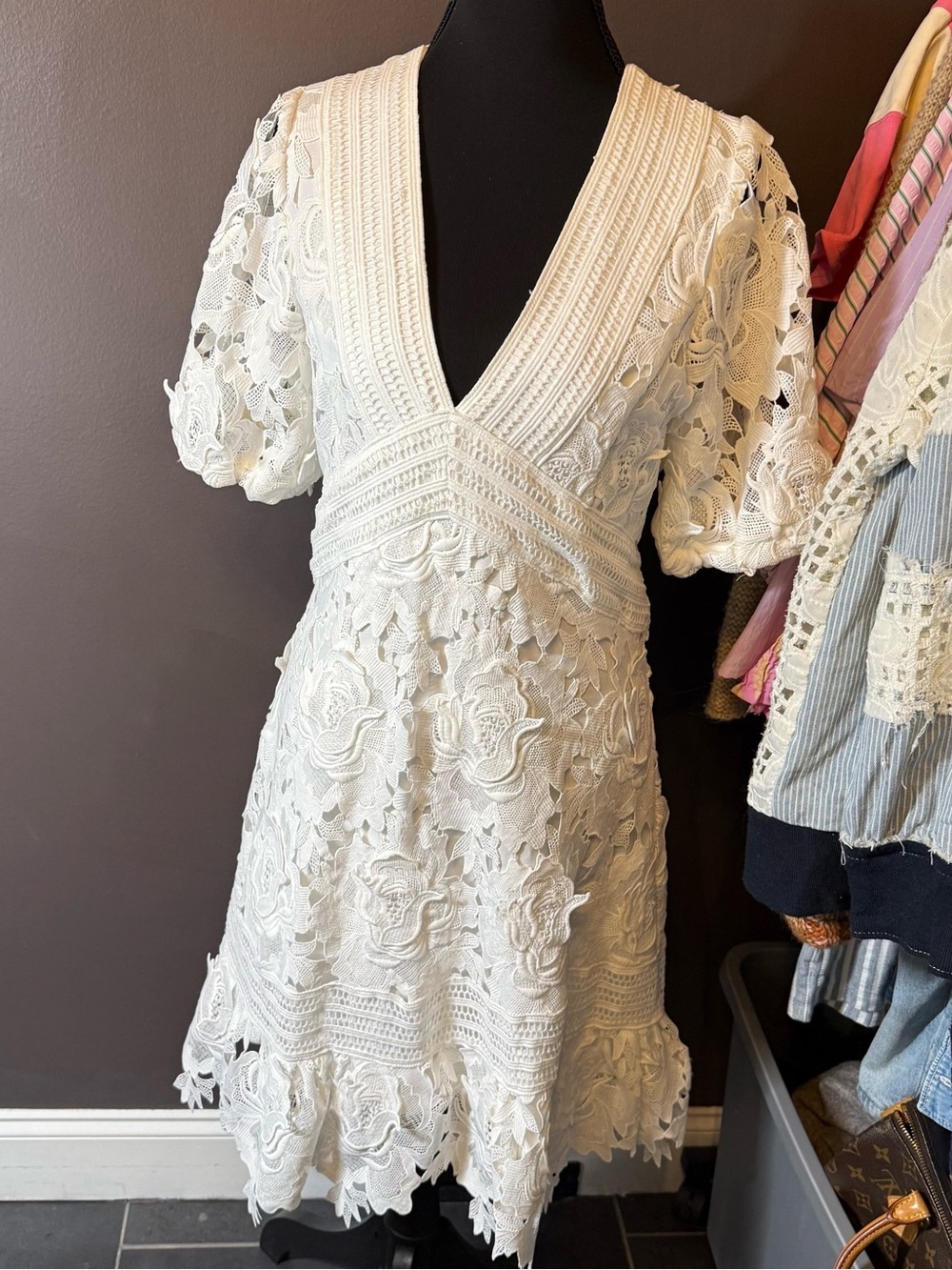 Adelyn Rae Ivory Lace V-Neck Midi Dress